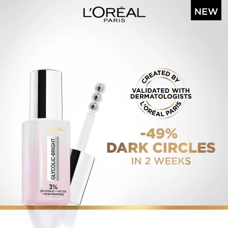 L'Oréal Paris Glycolic [3% Glycolic Acid + Vitamin CG + Niacinamide] Eye Serum For Dark circles, Brighten Eyes - Image 3