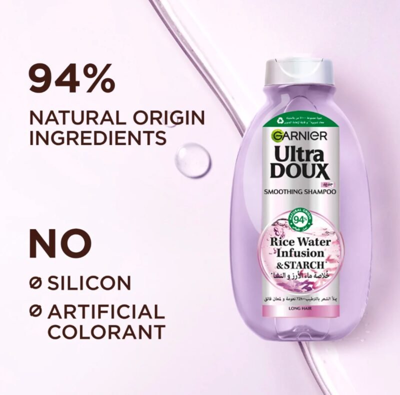 Garnier Ultra Doux Rice Water Infusion & Starch Shampoo For Long Hair, Smooth And Shine - Image 2